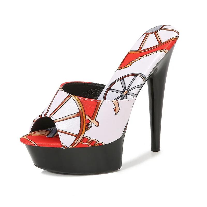 Большой размер 43 Летние женские модные шлепанцы на массивном высоком каблуке с граффити Женский брендовый готический повседневный платформа Уличные пляжные сандалии 42 6490₽