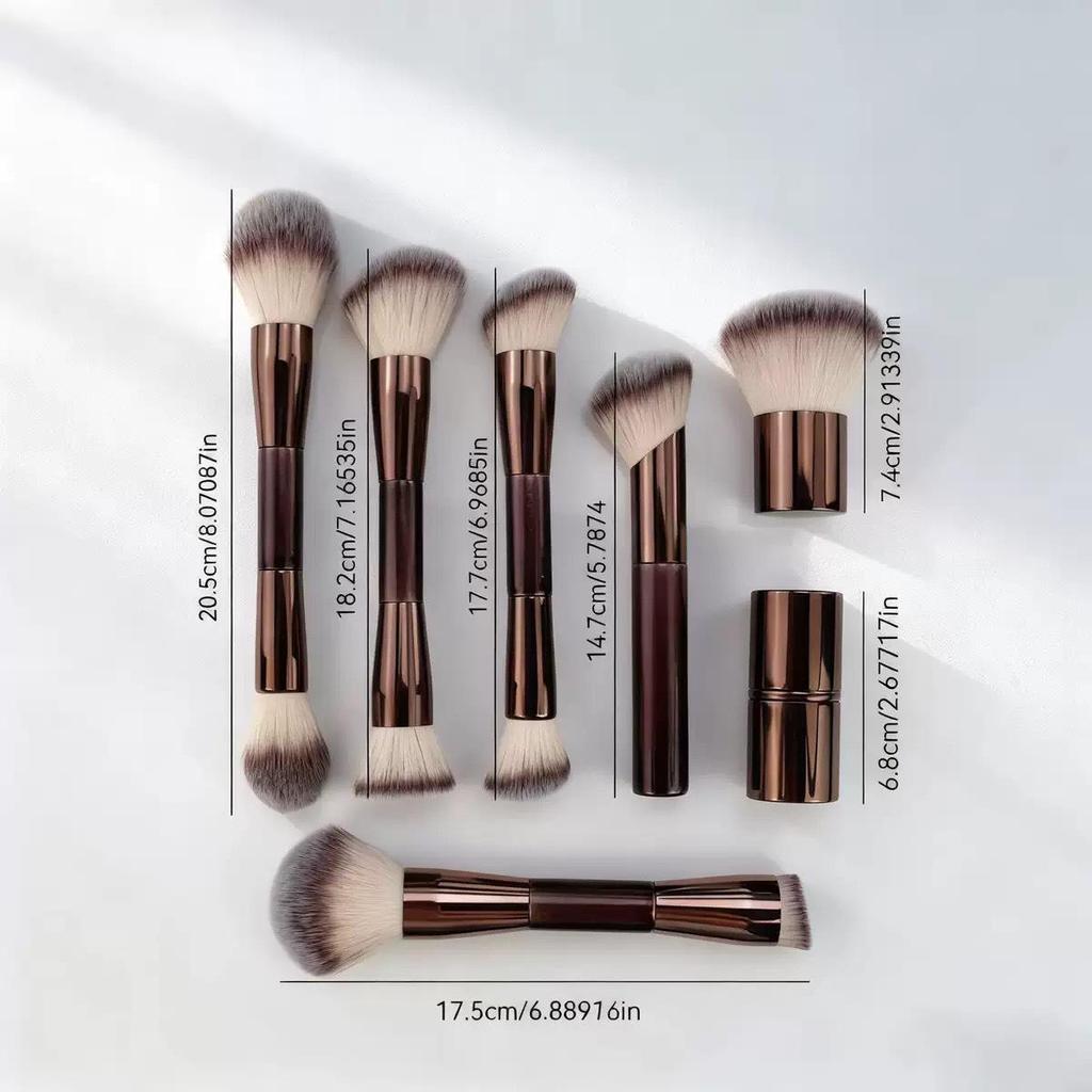 7dílná přenosná oboustranná sada štětců na make-up: Zahrnuje štětce na make-up, pudr, tvářenku a konturování