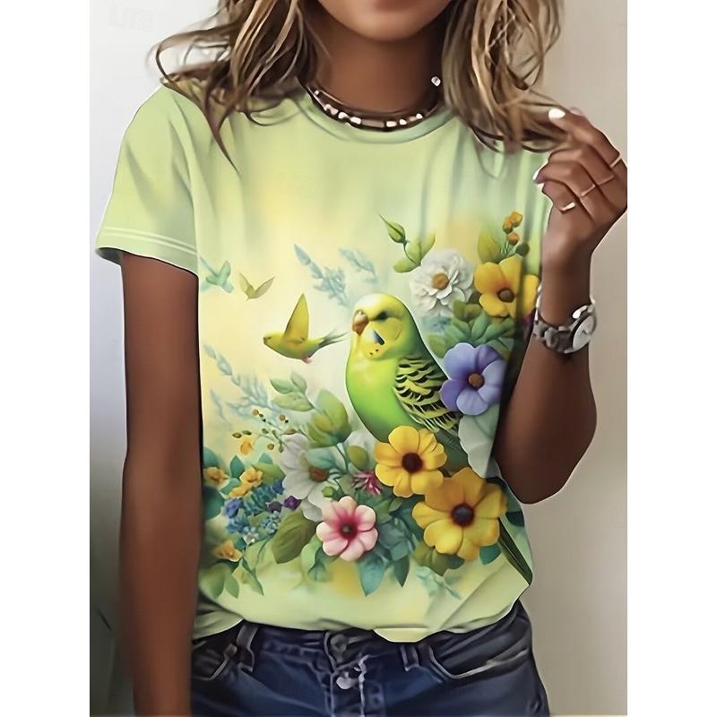 Women s Fashion Flower and Animal Printed T-shirt 2XS