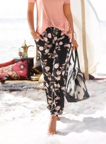 Women S High Waist Printed Slim Fit Casual Trousers S розовый