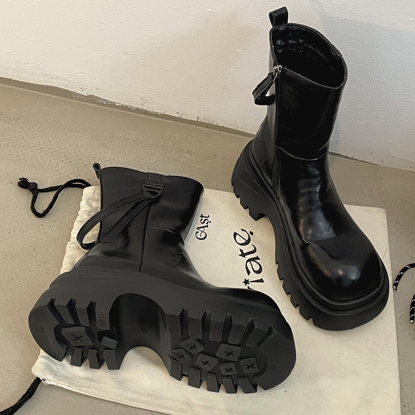 

Black retro British thick-soled Martin boots women s 2025 new autumn skirt high-end thin short boots 35 чёрный