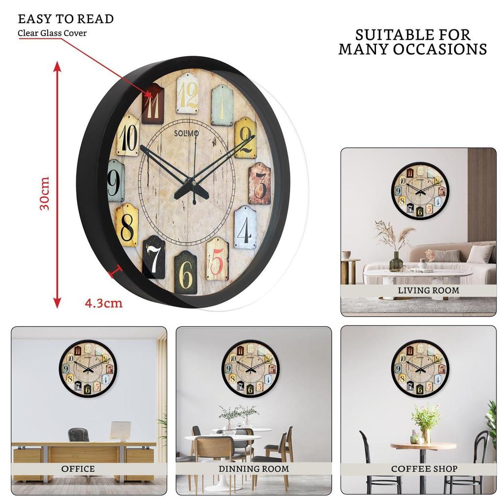 12-Zoll Moderne Wanduhr aus Kunststoff und Glas - Designer (Lautlose Bewegung, schwarzer Rahmen)