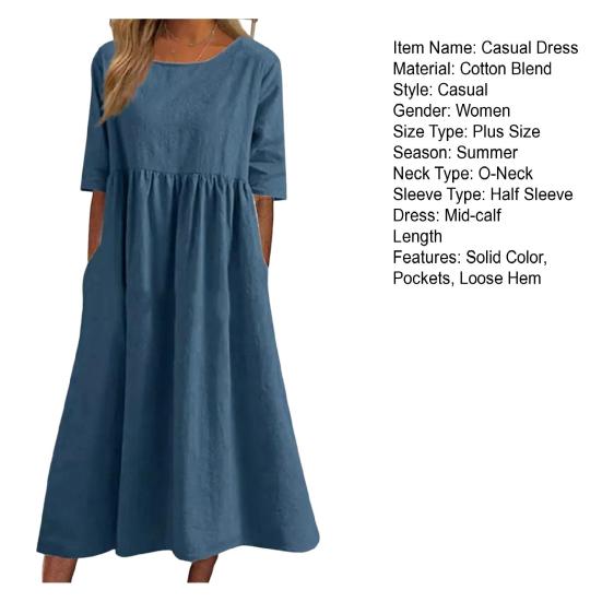 O-Neck Half Sleeve High Waist Pockets Casual Dress Women Pleated Flowy Hem Solid Midi Dress
