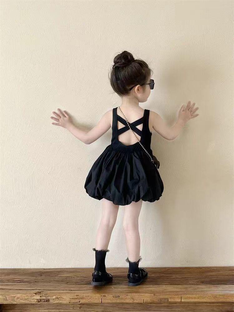 Korean Girls Sleeveless Backless Black Dress - Flower Bud Style Puffy Dress for Children