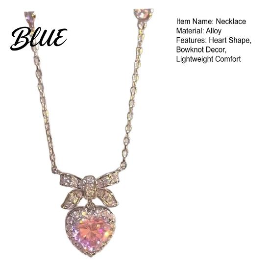 Women Heart Necklace Sparkling Rhinestones Bow Design Romantic Gift Pendant