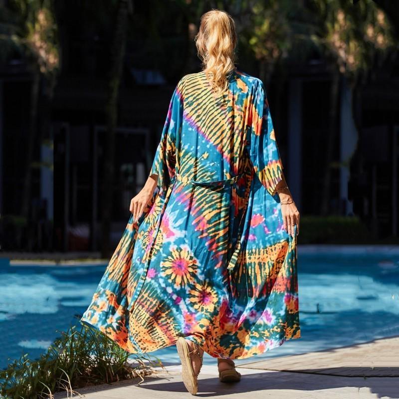 EDOLYNSA Bohemian Swimsuit Cover Up Retro Stripe Samostatný pásek Ženy Letní oblečení Dlouhé Kimono Šaty Plážové Oblečení Bikiny Přikrývky Q1521