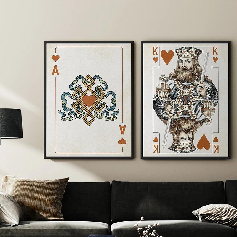 Vintage Poker Ace of Hearts Playing Cards Canvas Painting Queen And King Wall Art Pictures Room Home Club Bar Pub Decor Unframed