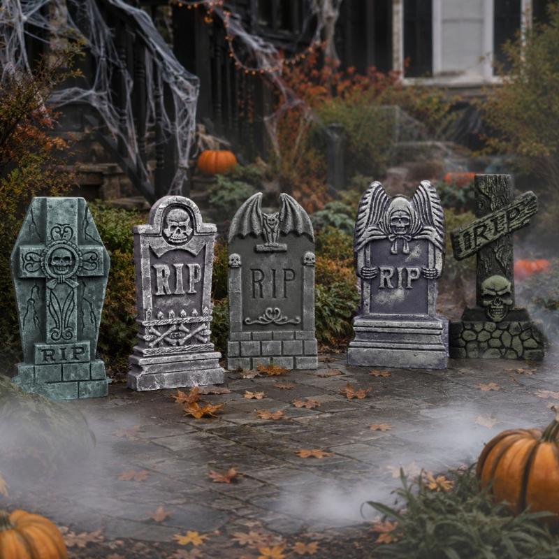 Fall Yard Scene Set, 5 Foam Grave Marker Pieces for Porch Entry Lawn Garden Display, Party Use, Outdoor Themes,