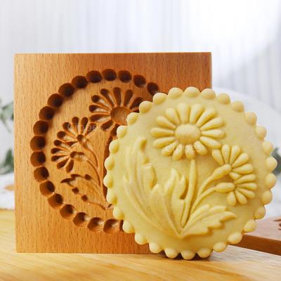 1 pieza Moldes de madera para galletas con patrones de flores, Moldes cortadores de galletas 3D DIY tallados en relieve para hornear, Pastel de fondant, Galleta