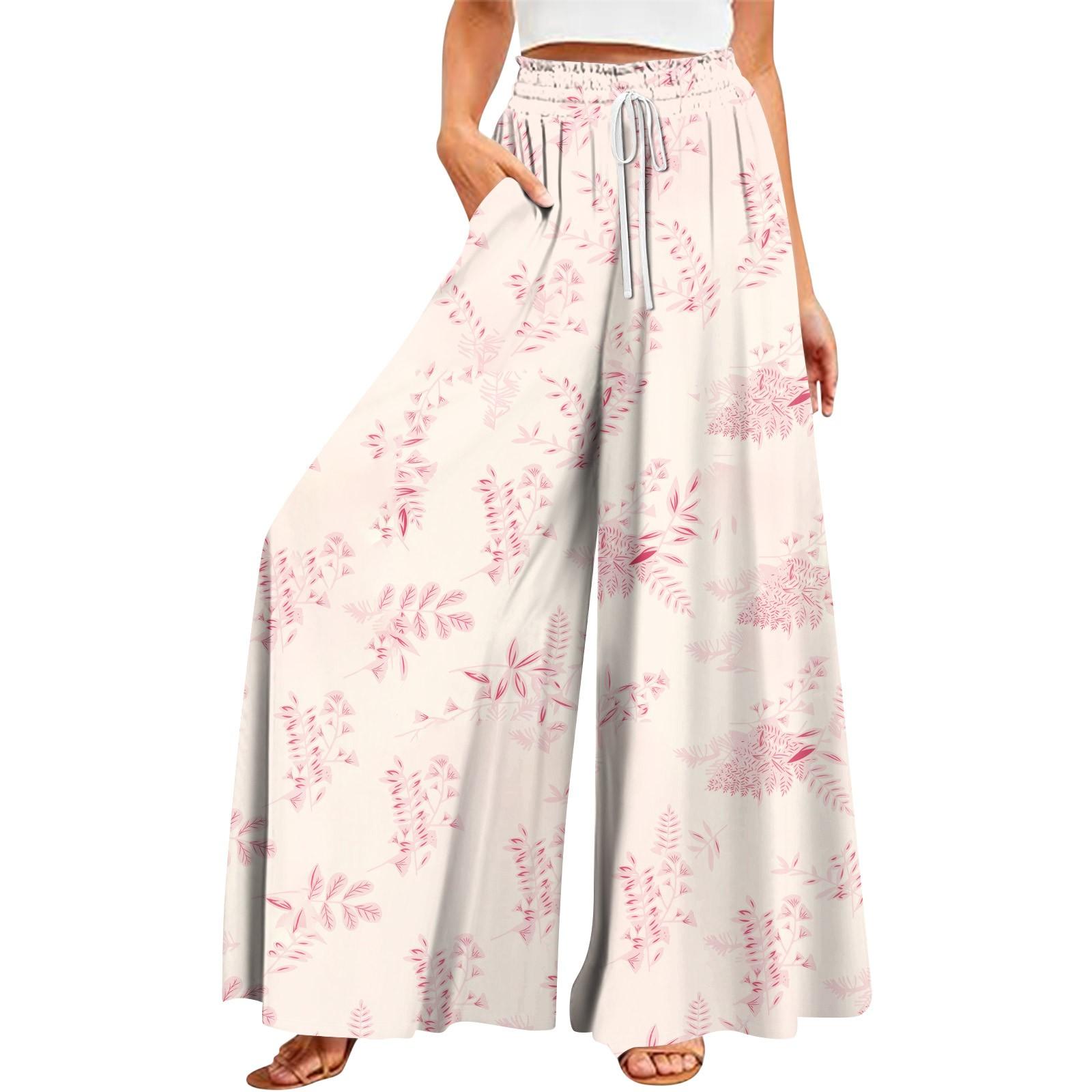 

Женские летние широкие брюки с высокой талией и струящимися карманами, модные повседневные повседневные пляжные брюки в богемном стиле с принтом S розовый