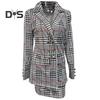 2 Pcs/Set Coat Skirt Set Flower Check Print Color Matching Long Sleeve High Waist OL Style Formal Commute Suit Lady Jacket Skirt Set