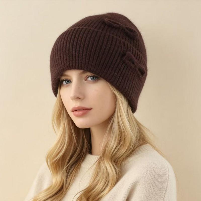 Womens Angora Wool Knit Beanie Hat With Bow Detail Winter Warm Cap High Crown Foldable