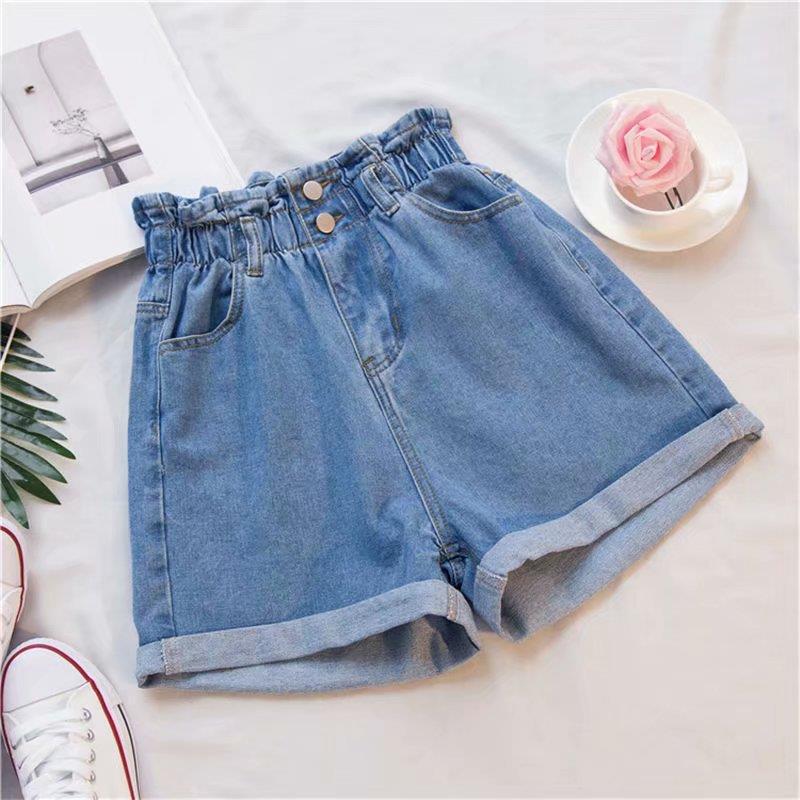

Women s 2025 Summer Elastic Waist Denim Shorts - Double Button, Rolled-Up Loose Wide Leg Design XL светло-синий