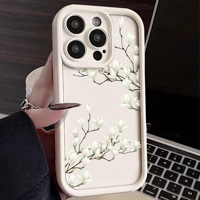 Pro iPhone 16 15 Pro Max 14 Plus 13 12 Pro 11 XS XR 8 7 Kryt Bílé květy Nárazuvzdorná měkká ochrana objektivu Pouzdro na telefon