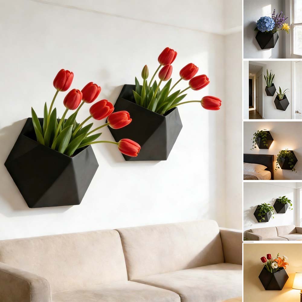 Black Geometric Wall-Mounted Planter Pot Decorative Hanging Vase for Flowers Succulents Living Room/Kitchen Macetas Decorativas