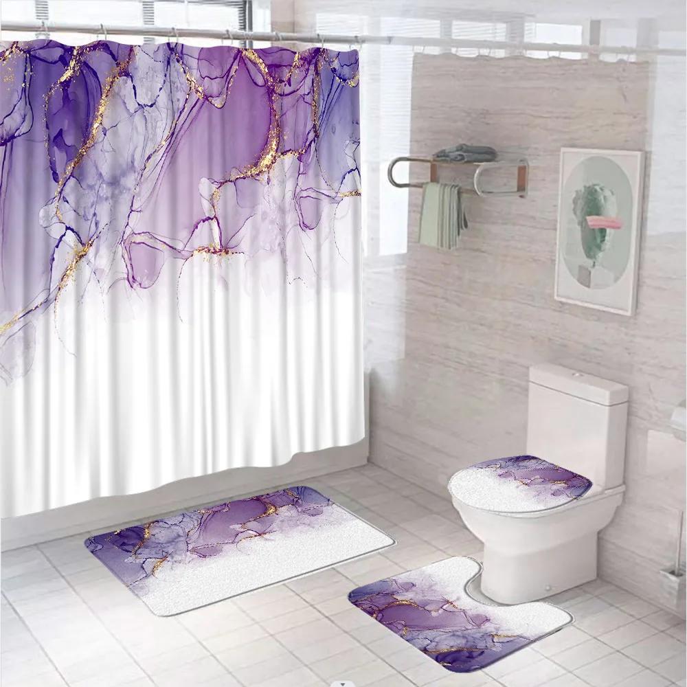 Marbling 3D Shower Curtains Luxury Marble Blue Golden Veins Bath Mats Set Pedestal Rug Toilet Cover Bathroom Curtain With Hooks