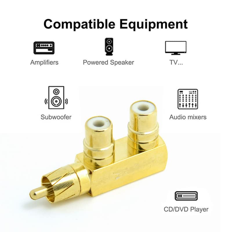 chenyang AV Audio Splitter Plug RCA 1 Male to 2 Female F Gold 90 Degree Angle Adapter, Connectors, Plated,