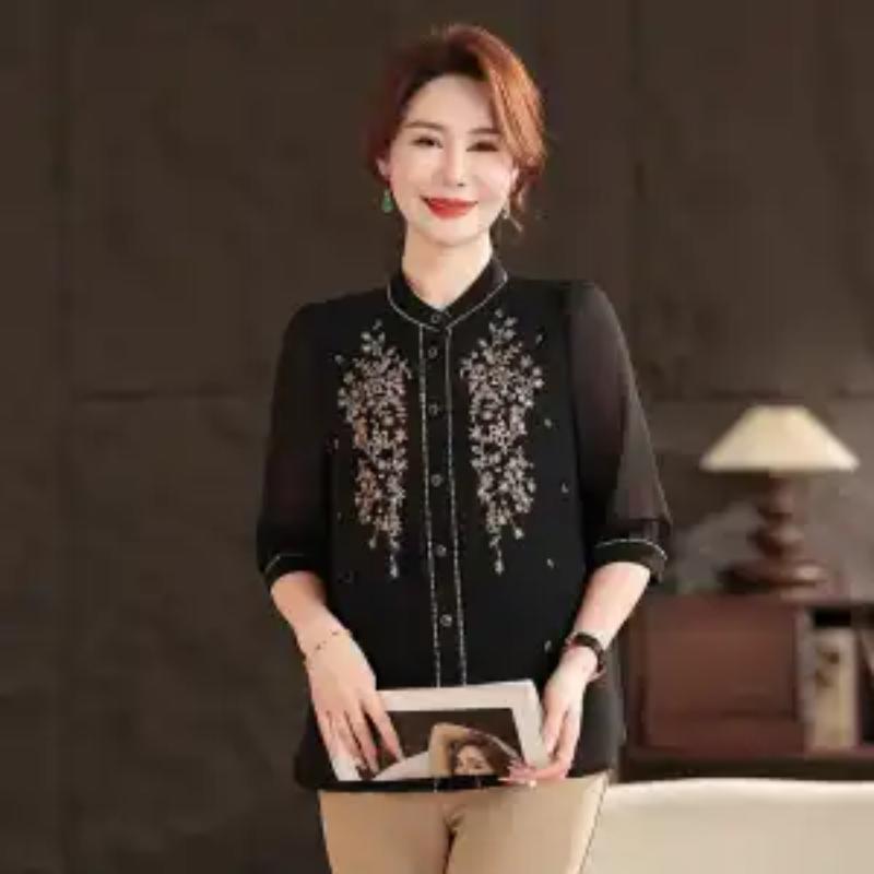 Women Stand Collar Floral Embroidery Three Quarter Sleeve Chiffon Blouse