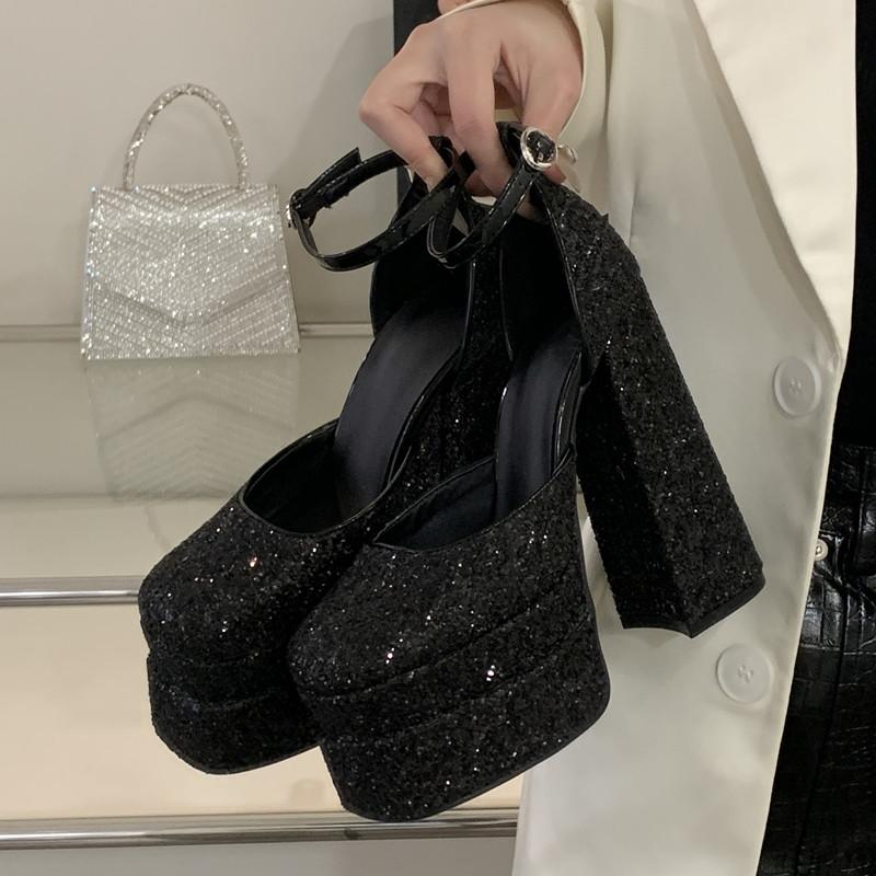 

Bling Bling Sequined Double Platform Wedges Women Gladiator Sandals Summer Sexy 15cm Ultra High Heels Party Prom Shoes 42 чёрный