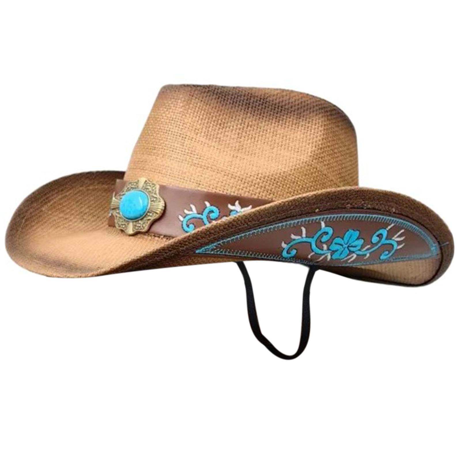 

Breathable Straw Hat with Gemstone Women Traveling Cowboy Hats with Adjustable Chin Rope Adult Outdoor Sunproof Hat синій