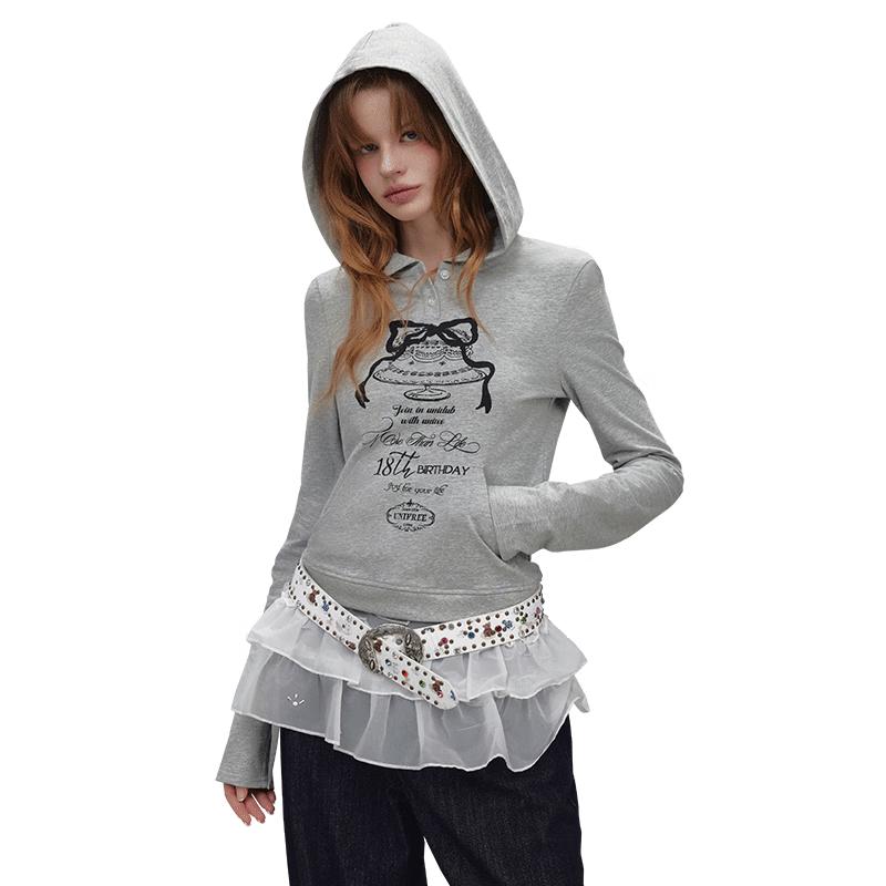

UNIFREE Youthful Korean Style Bowknot Letter Print Hooded Sweatshirt S
