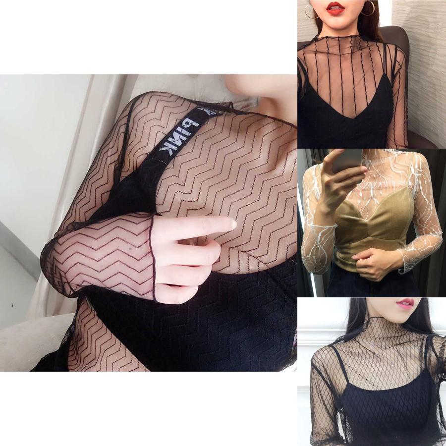 Women Mesh Top With Nylon Fabric Long Sleeve Sheer Lace Shirt For Spring Summer Fashion