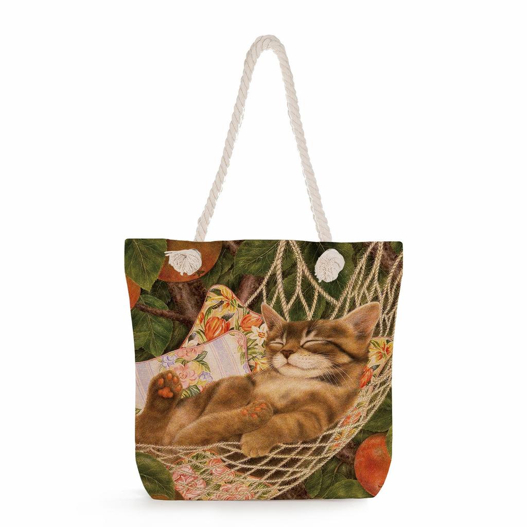Flower Cat Print Thick Rope Single-shoulder Beach Bag 7262