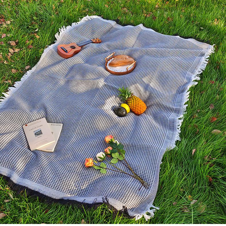 Waffle Tassel Picnic Blanket, Ins Style Breathable Linen Camping Mat, Decorative Beach Throw Blanket