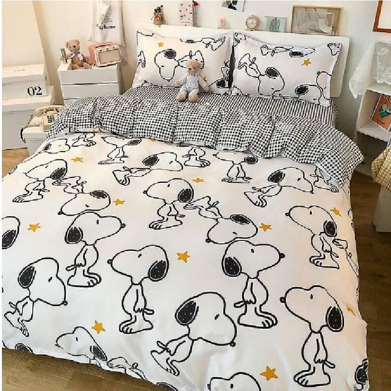 Snoopy Water Wash Cotton Bedding Set With Printed Floral Design For Student Dorms