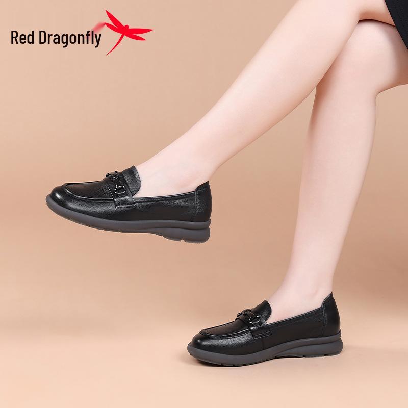 Red Dragonfly Women's Slip-on Loafers: 2025 New Autumn Genuine Leather, Soft Sole, Comfortable Single Shoes.