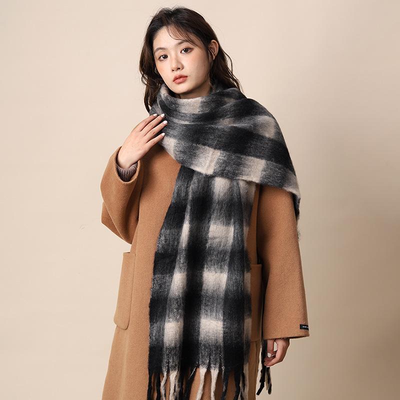 Plaid Large Scarf Women's Winter Warm Windproof Thickened Mohair Fringed Velvet Scarf Versatile Shawl Men