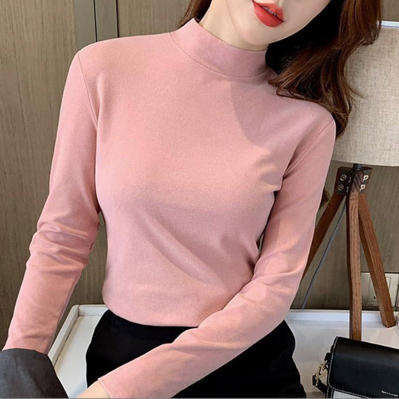 Autumn Winter Half High Collar Velvet Bottomed T-shirt Women Long Sleeve Solid Color All-match Pullover Top Tee