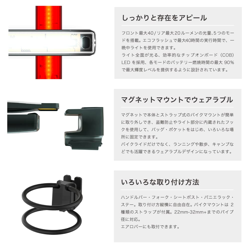 Japanese KNOG Plus Bicycle Lights and Rear 40 Lumens Lumens Powerful USB Black [Official Product] (Front Pair) - Front/20 Rear, Magnet, Waterproof,