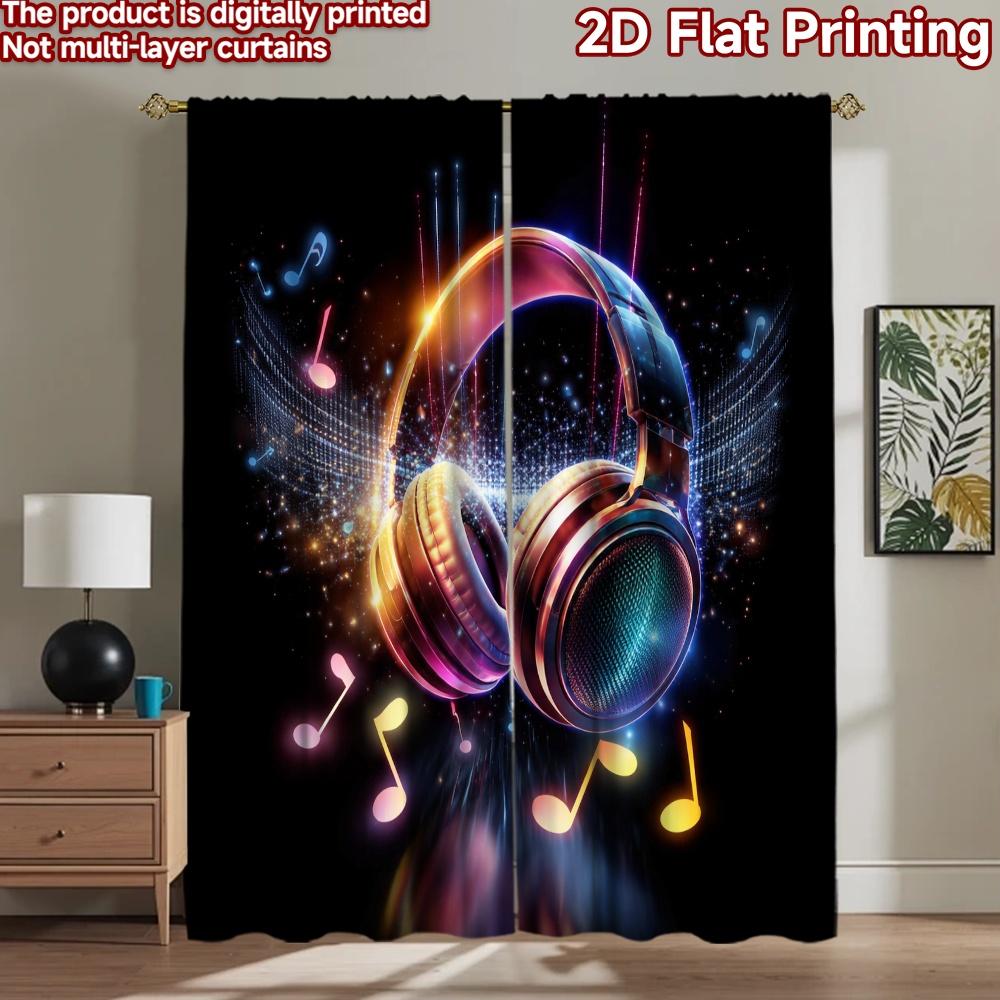 Stampa piana 2D 2 pezzi Tenda Tenda Colorate Cuffie Musicali Stampate Digitalmente Poliestere Tende Decorazione Murale Festiva per