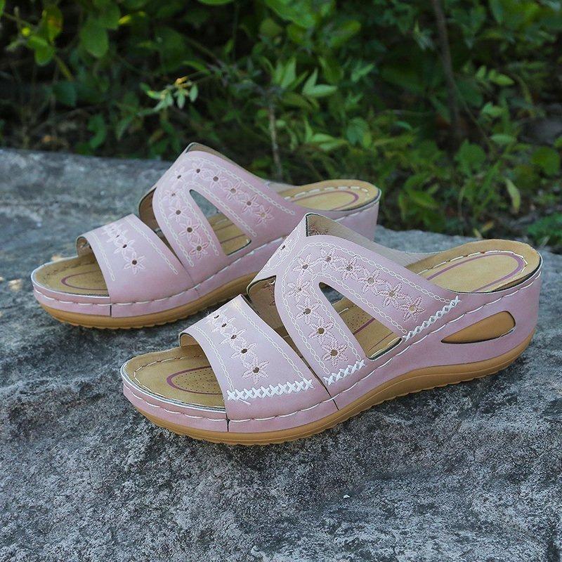 Flip-flops with Wedge Heels Fish-mouth Thick-soled Large-sized Shoes and Embroidered Flip-flops
