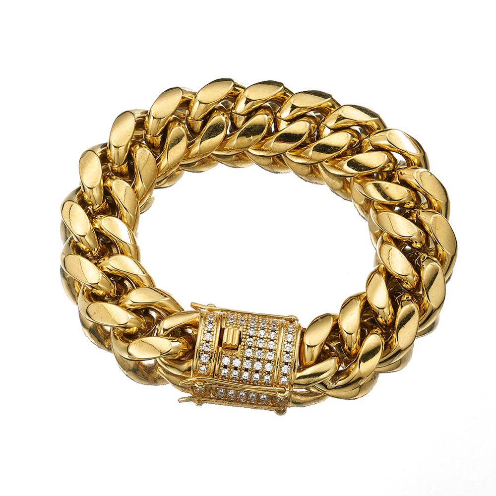 10mm CZ Zircon Stone Pave Stainless Steel Cuban Miami Link Chain Bracelets for Male Boys Hip Hop Rock Jewelry