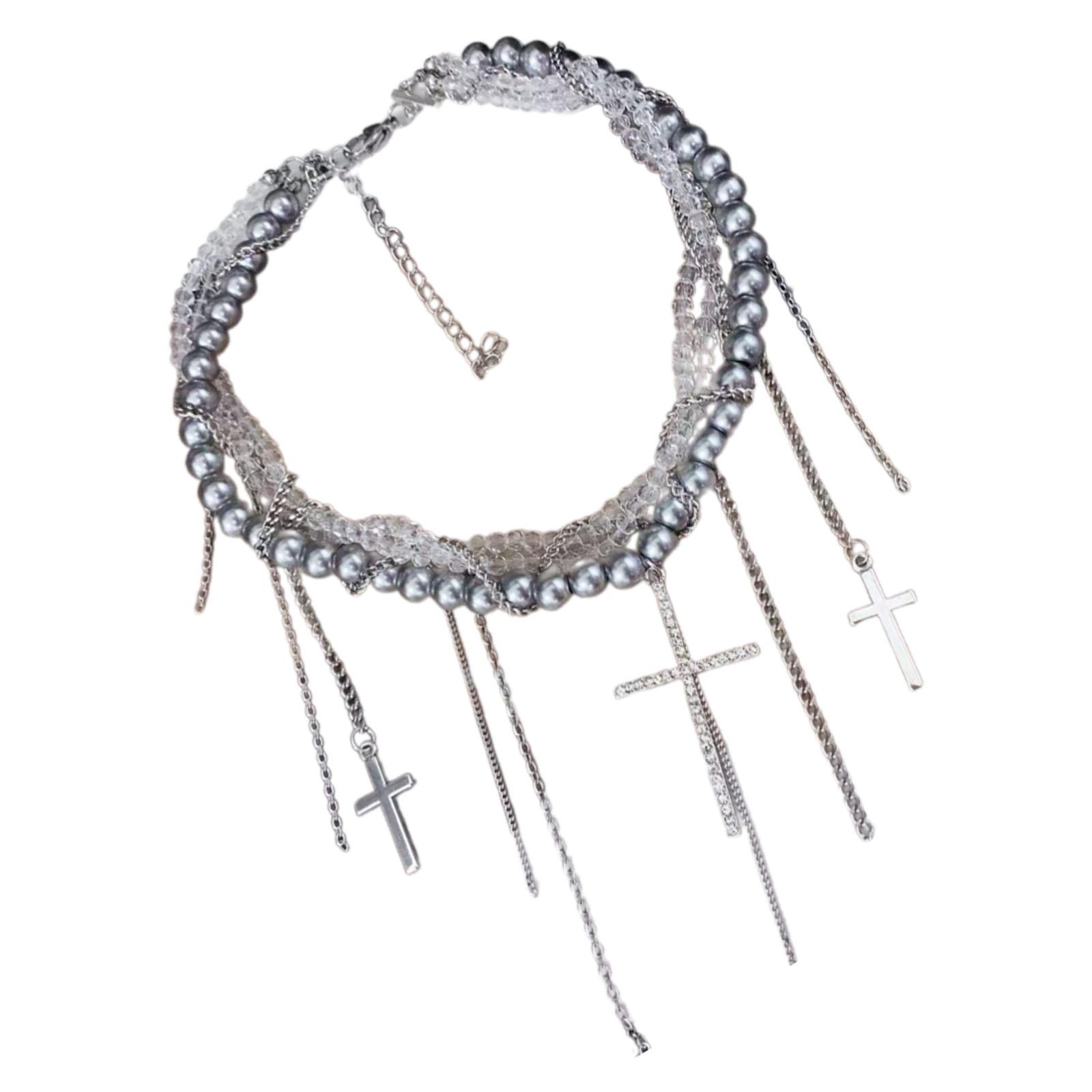

Elegant Faux Pearls Chain Necklace with Tassels Crucifix Pendant Neckchain for Fashionable Women Stylish Clavicle Chain прозрачный