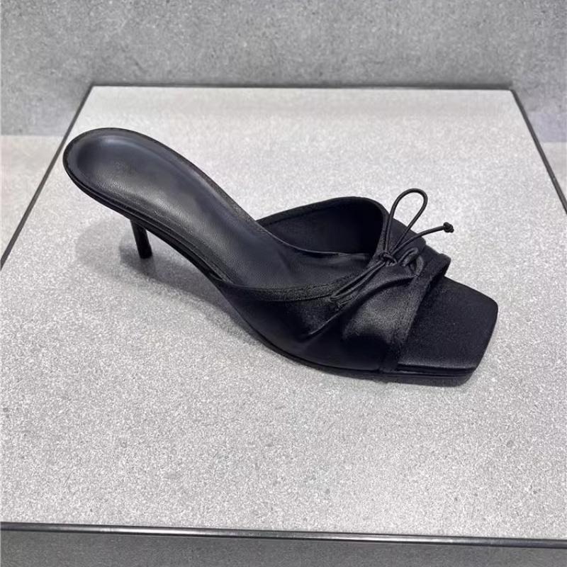 

Мода Лето 2025 Новые Удобные Сандалии на Низком Каблуке с Квадратным Носком, Милые С Бантом, Шелковые Шлепанцы на Толстом Каблуке для Женщин, Синие Шлепанцы для Улицы 35 чёрный