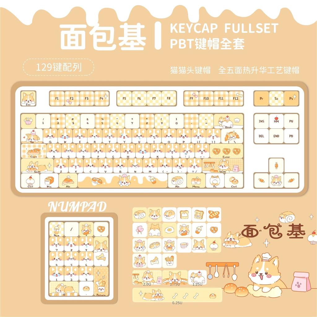 Cute Cow Cat Theme MAO KEYCAP SET PBT 129 Key Cat Cap Compatible with 60/64/84/98/108 Mechanical Keyboard