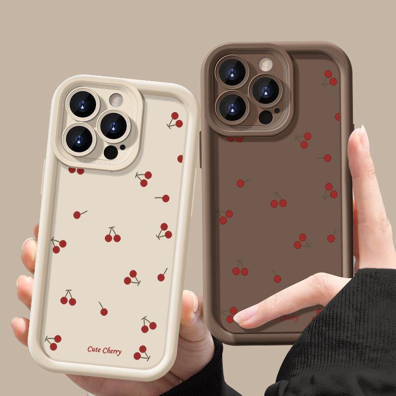 Cute Cherry Pattern TPU Soft Matte Phone Case For iPhone 16 Pro Max 15 Pro 14 13 12 11 XR XS Shockproof Lens Protection Bumper Cover