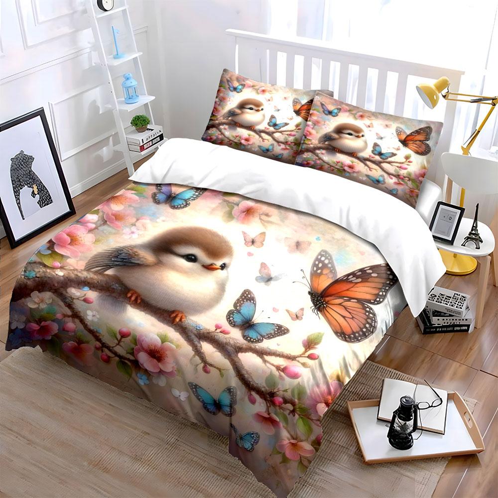 Cute Bird And Butterflies Decor Set Multiple Sizes Kid'S And Adults' Bedroom Exquisite 3Pc Bedding Set, Gift