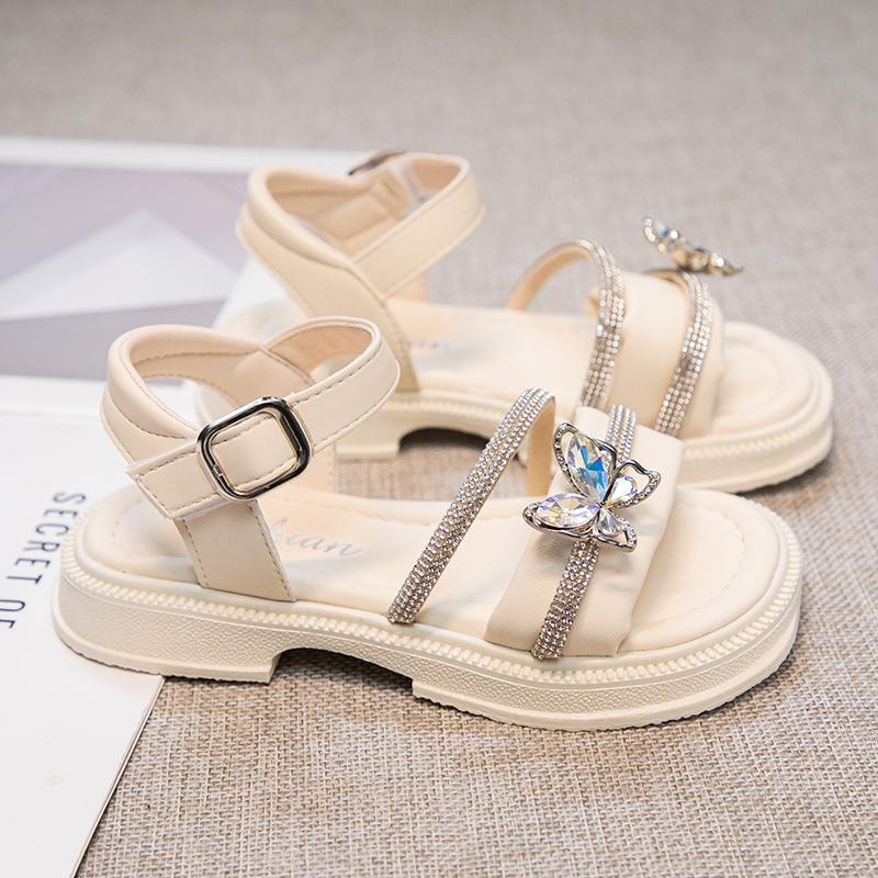 Dívčí princeznovské sandály s motýlím uzlem, dětské sandály s kamínky, letní módní dětské funkční boty, protiskluzové, 2024