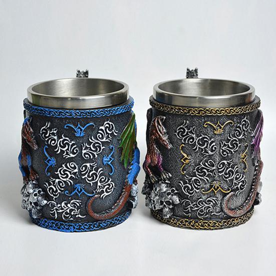 Csésze Bögre 420ml Nagy Kapacitás Sárkány Alakú Kávésbögre 304-es Rozsdamentes Acél Belső Tartállyal Műgyanta Külsővel Középkori Témájú Ivóedény