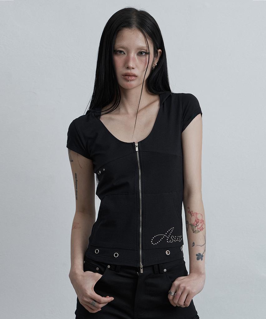Aejeuyua Incision Broad Hooded Zip-Up Black