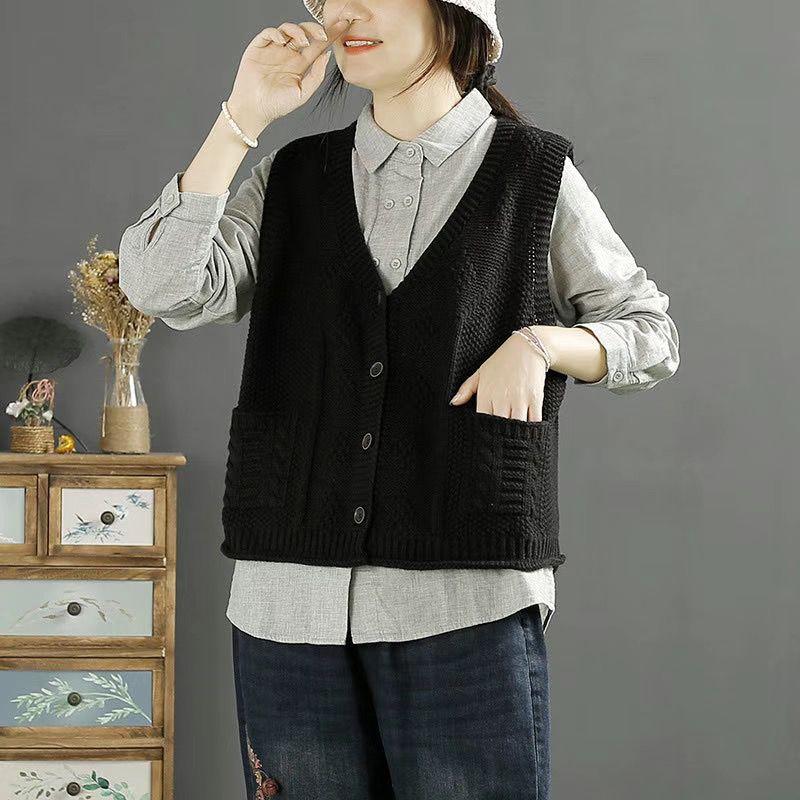 Vintage Retro Women Vest New V Neck Solid Color Versatile Single Breasted Knitwear Spring Autumn Fashion Outerwear