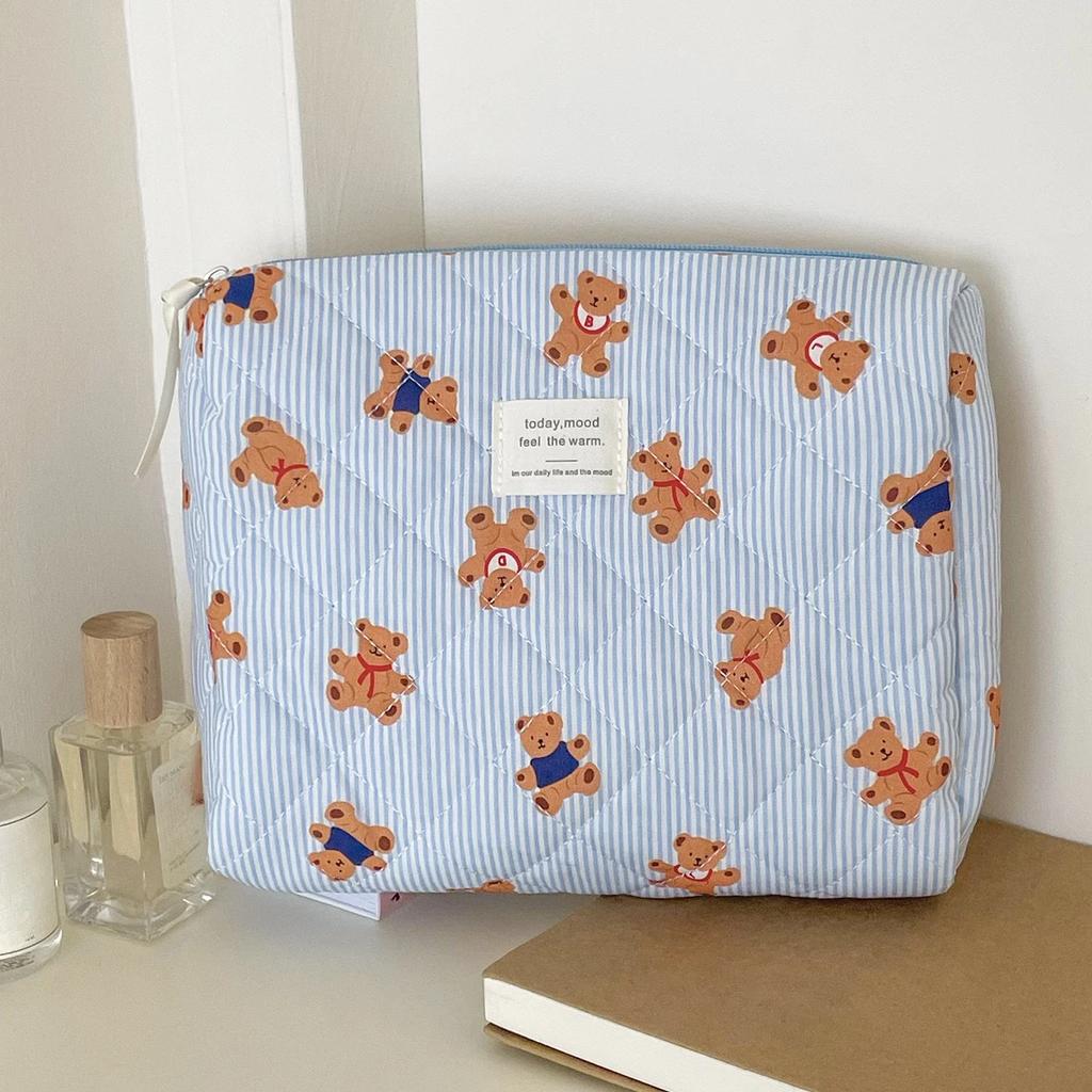 Pink Beige Bear Pattern Women Cosmetic Bag Cute Zipper Makeup Travel Organizer Female Handbag Toiletry Pouch for Girls