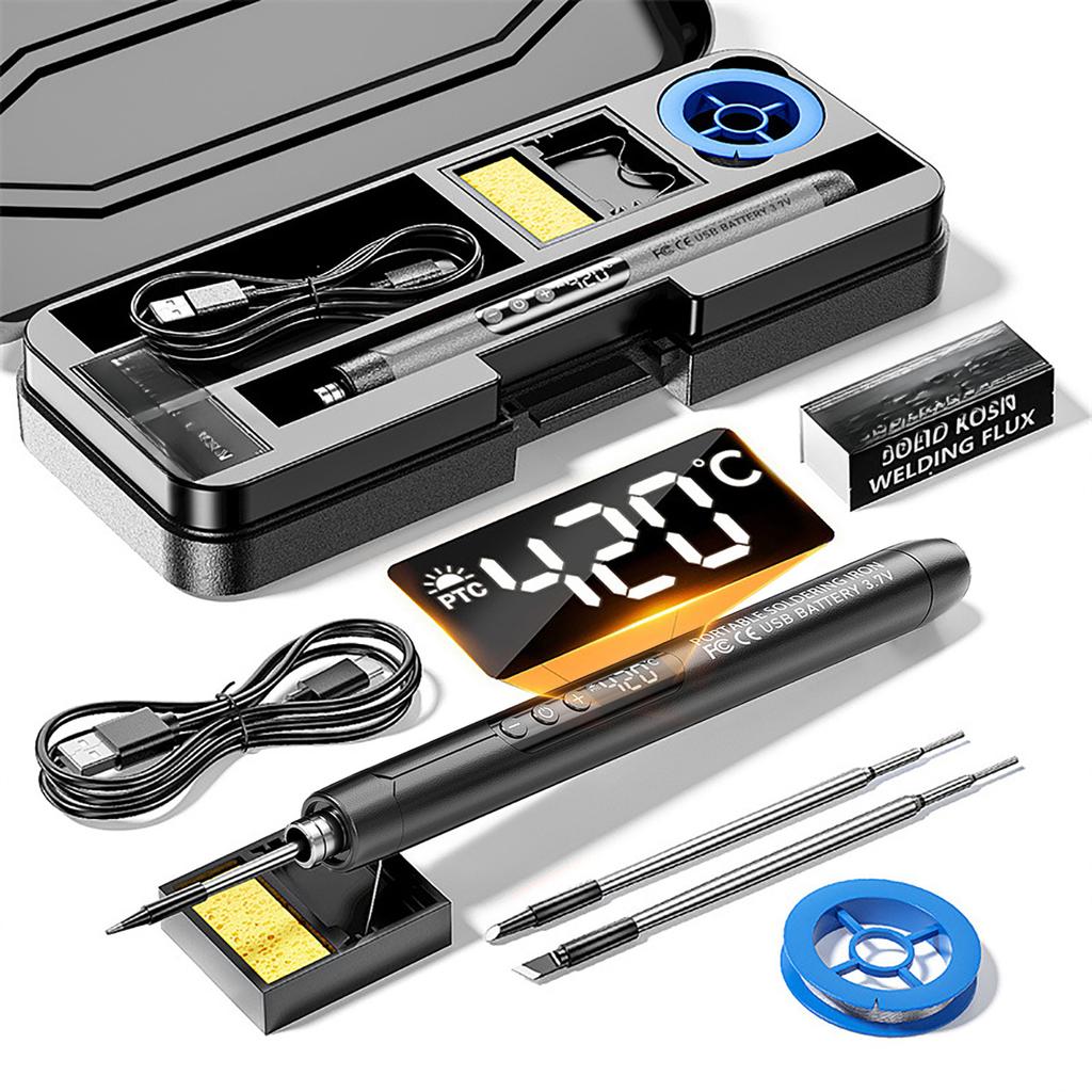 Black USB Cordless Soldering Iron Kit Digital Temperature Display 1000mAh Battery Fast Heating Portable Tool Set 3 Tips Stand Rosin Case
