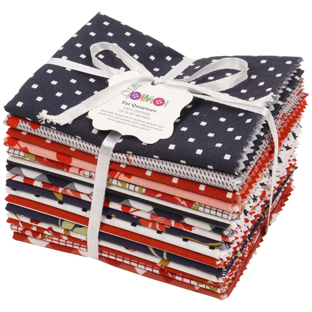 Soimoi 16-teiliges Fat Quarter Bundle - Blumenmuster mit geometrischem Druck 18"x 22" DIY Patchwork - 100 % Baumwolle, vorgeschnittener Quiltstoff, Rot-Blau &