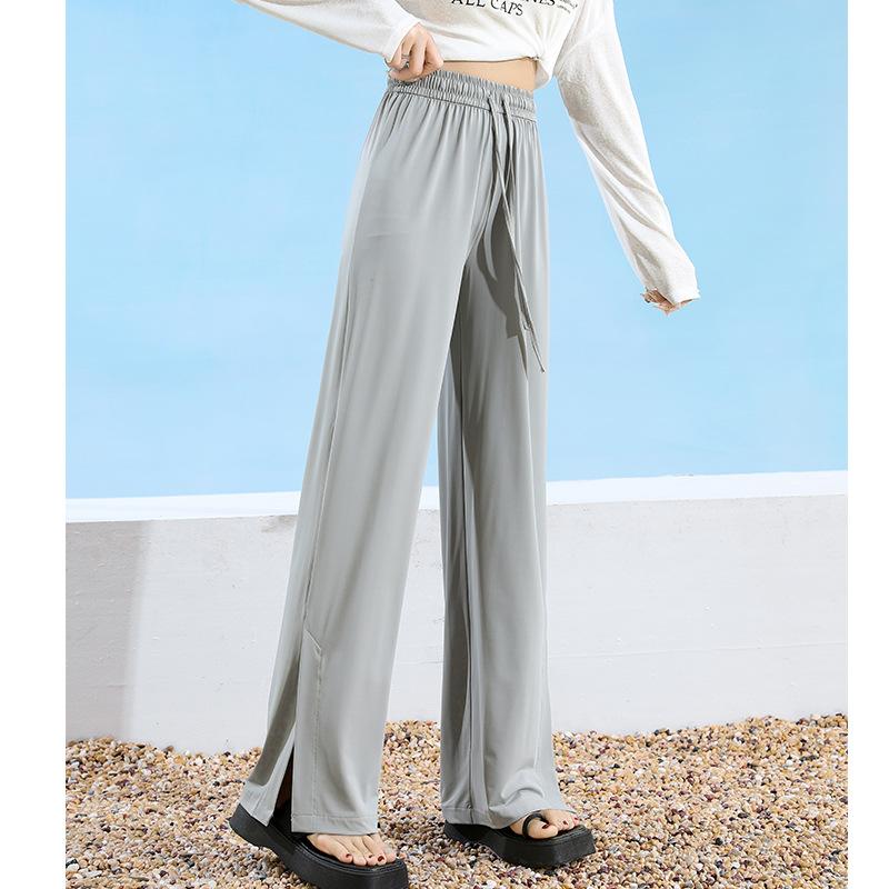 Ice Silk Wide-leg Pants for Women In Summer Thin Slit Relaxed Pants High Waist Large Size Women's Straight Sun Protection Pants