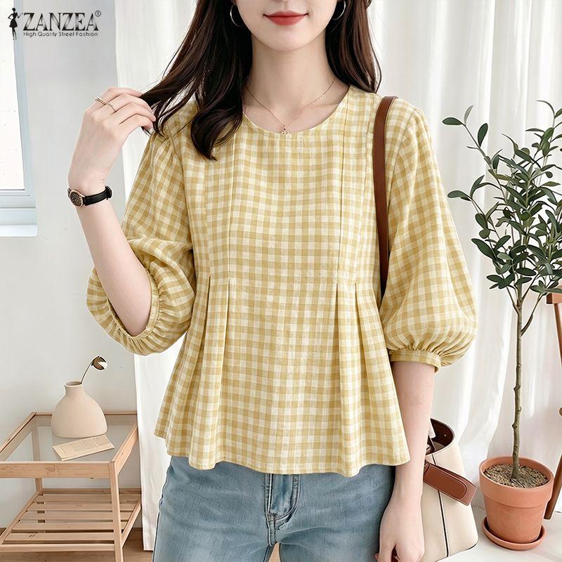 ZANZEA Women Grid Print Casual Round Neck 3/4 Sleeve Blouse